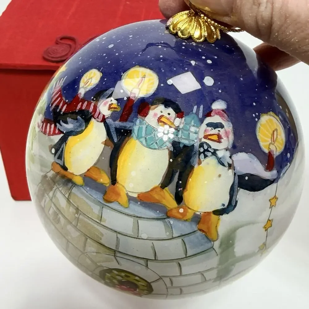 Pier 1 Li Bien Penguins Merry Bright Glass Christmas Ornament 4